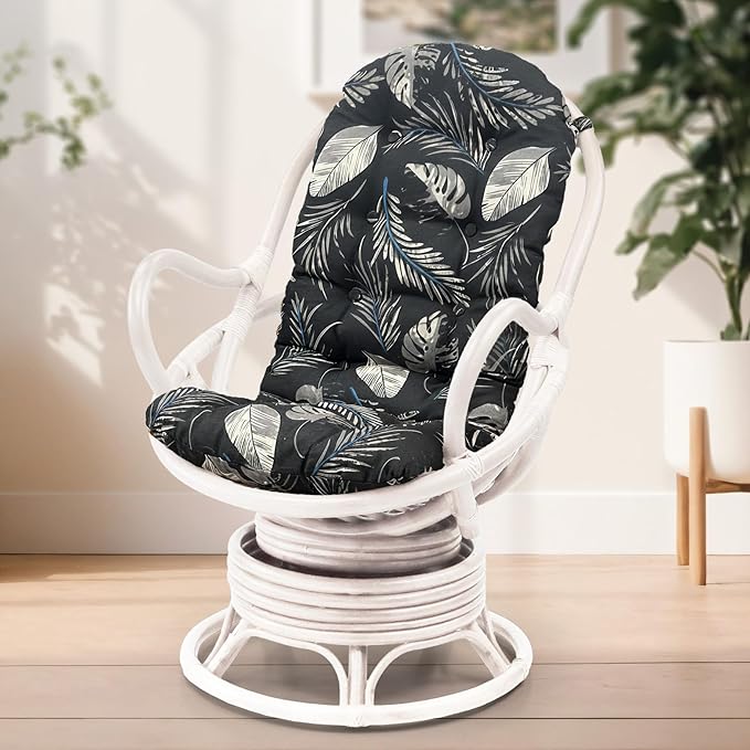 Wickerix Java Lounge Swivel Rocking Chair with Light Brown Cushion Natural Rattan Wicker Handmade, White Color