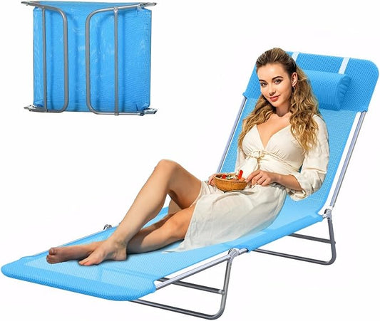 Outdoor Tanning Chair with Pillow, Folding Chaise Lounge Chair with Adjustable Backrest, Portable Lay Flat Beach Lounge Chairs for Sunbathing Poolside Patio Lawn Camping(Blue 2)