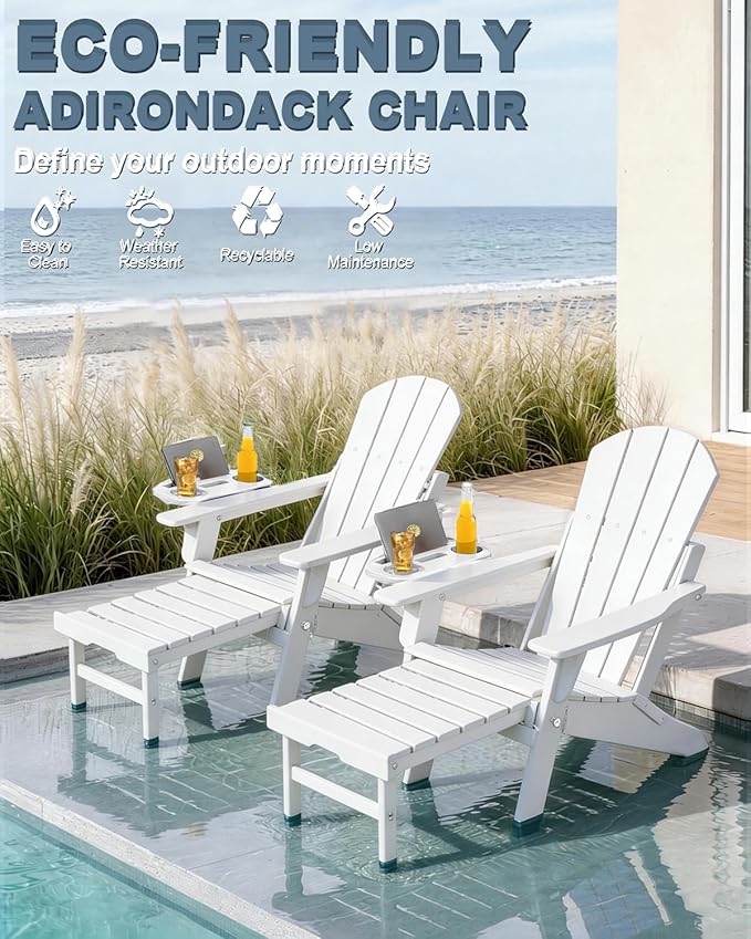 Adjustable Adirondack Chair with Retractable Ottoman Set of 6, HDPE Folding Adirondack Chair with Cup Holder - Photo 4