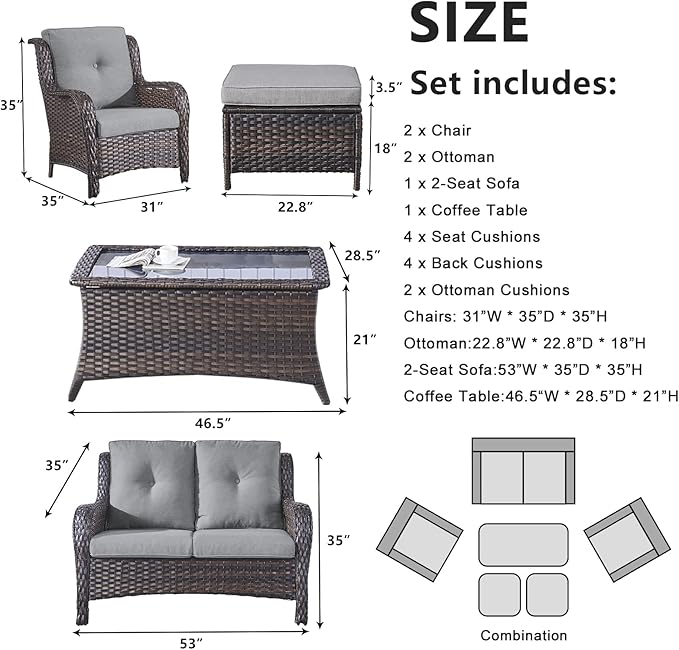 Belord 6 Pieces Patio Furniture Set Outdoor Wicker Furniture, 2 Patio Wicker Chairs with 1 Loveseat Sofa - Photo 6
