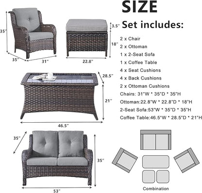 Belord 6 Pieces Patio Furniture Set Outdoor Wicker Furniture, 2 Patio Wicker Chairs with 1 Loveseat Sofa, Coffee Table and Ottomans, Patio Conversation Set for Porch Garden Deck Balcony Poolside