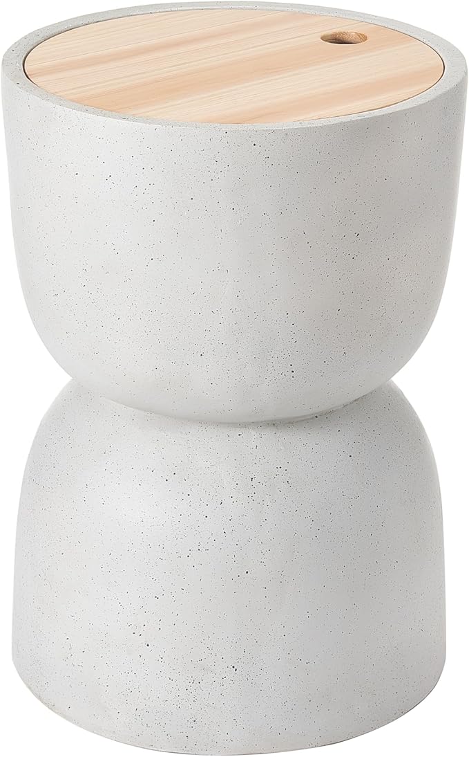 Christopher Knight Home Ema 22"H Lightweight Concrete Outdoor Side Table with Storage, Hourglass Shaped Patio End Table, MGO Outdoor Coffee Table, No Assembly Garden Plant Stand Indoor, White+Natural