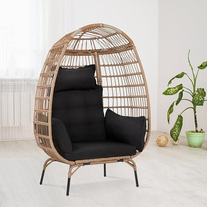PayLessHere Egg Chair Egg Basket Rattan Chair Steel Frame Oversized Indoor Outdoor Lounger Simple Installation with 4 Comfort Cushion and Stand,352lb Capacity for Patio Garden Living Room，Black