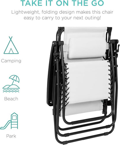 Best Choice Products Folding Zero Gravity Outdoor Recliner Patio Lounge Chair w/Adjustable Canopy Shade, Headrest, Side Accessory Tray, Textilene Mesh - Snow/Black