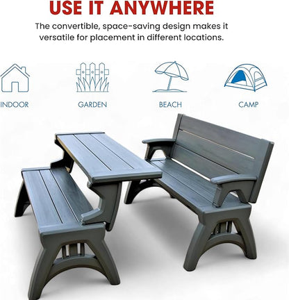 Convert-a-Bench 2-in-1 Outdoor Bench & Picnic Table - Foldable, Weather-Resistant Seating - Perfect for Patio, Lawn, Garden, or Deck - Durable & Easy Assembly - 1 Bench/Order, Platinum Gray