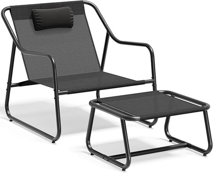 YITAHOME Patio Lounge Chair with Ottoman Set of 2, Oversized Papasan Chair, Versatile Indoor/Outdoor Textilene Lounge with Metal Handrail and Footstool, Idea for Living Room, Porch, Backyard or Garden