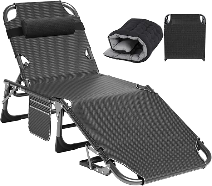 ABORON Heavy Duty Tanning Chair, 5-Gear Outdoor Folding Chaise Lounge Chair with Cushion - Photo 1
