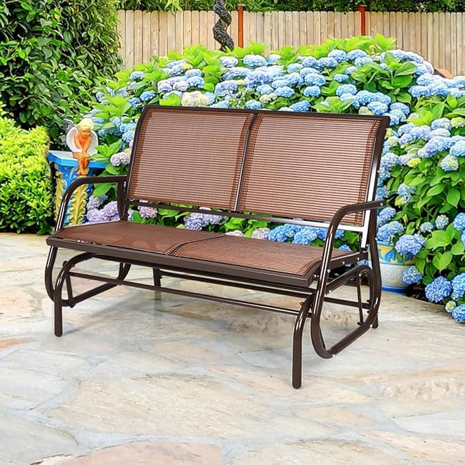 LDAILY LUARANE Swing Glider Chair, Heavy-Duty Steel Frame 2-Person Outdoor Swing Bench, Sliding Rocker Double Seat Suitable for Backyard, Garden, Poolside, Lawn (Brown)