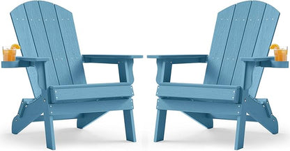 YEFU Adirondack Chair Set of 2, Folding Oversized Plastic Adirondack Chair with Cup Holder, Lawn Chair with Weather Resistant for Outdoor Deck Garden, Weight Capacity Up to 400 Lbs(Blue)