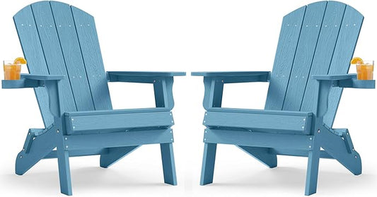 YEFU Adirondack Chair Set of 2, Folding Oversized Plastic Adirondack Chair with Cup Holder, Lawn Chair with Weather Resistant for Outdoor Deck Garden, Weight Capacity Up to 400 Lbs(Blue)