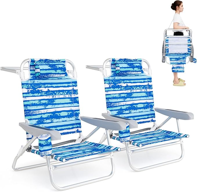 GYMAX Beach Chairs, 2Pcs Folding Camping Chair with Adjustable Backrest, Shoulder Strap, Cup Holder & Headrest - Photo 1