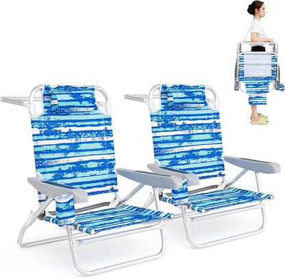 GYMAX Beach Chairs, 2Pcs Folding Camping Chair with Adjustable Backrest, Shoulder Strap, Cup Holder & Headrest, Portable Aluminum Lounger for Tanning, Sunbath, Lawn, Patio (Blue, 2 Chairs)