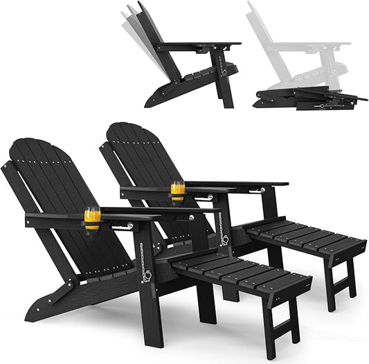 YEFU Adirondack Chair with Retractable Ottoman: Adjustable Folding Adirondack Chairs Set of 2 - Outdoor Fire Fit Chairs with Cup Holder - Sturdy HDPE Plastic All Weather for Patio/Lawn/Pool(Black)