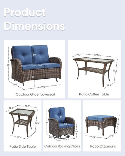 7 Pieces Patio Furniture-Patio Swivel Chairs Set of 2 Outdoor Glider Bench Rocking Chair with Patio Ottomans Patio Conversation Sets for Deck Porch Garden Balcony Poolside-Brown/Blue