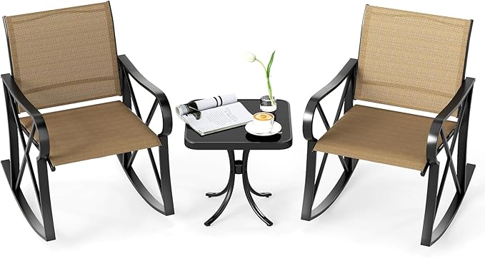 Tangkula 3 Piece Patio Rocking Set, 2 Rocking Chairs with Tempered Glass Side Table, Small Patio Furniture Set with Smooth Rocking Motion, Outdoor Rocker Chairs Bistro Set for Porch, Balcony (Brown)