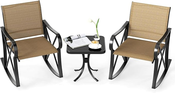 Tangkula 3 Piece Patio Rocking Set, 2 Rocking Chairs with Tempered Glass Side Table - Photo 1