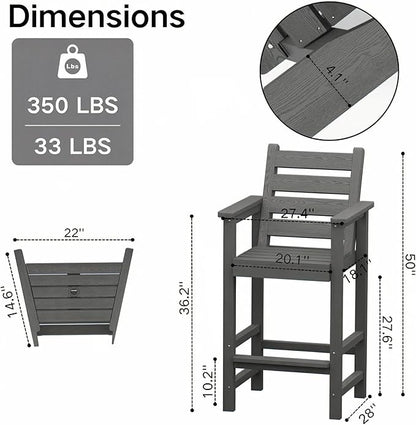 GLANC Tall Adirondack Chairs Set of 2, All Weather Resistant HDPE Bar Height Balcony Adirondack Chair with Removable Connecting Trays, Outdoor Adirondack Barstools for Deck Patio Pool Lawn (Black)