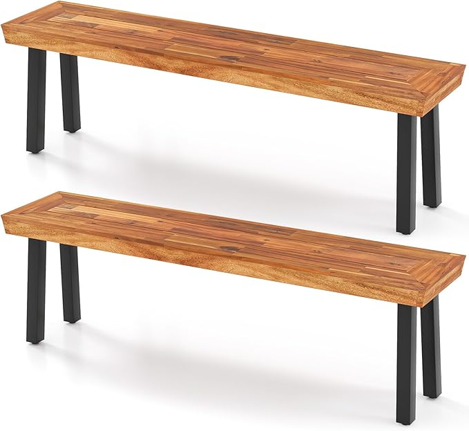 RELAX4LIFE 60’’ Outdoor Bench Acacia Wood - 2-3 Person Backless Patio Seat with Heavy Duty Metal Frame, Wooden Picnic Dining Garden Bench for Outside Backyard Park Porch, 800 LBS Weight Capacity (2)