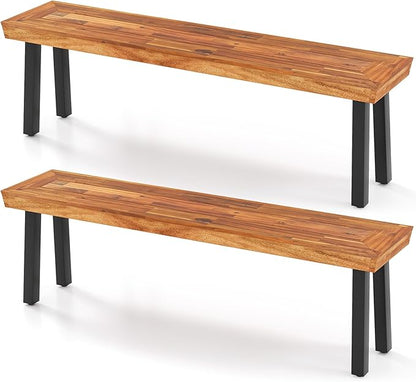 RELAX4LIFE 60’’ Outdoor Bench Acacia Wood - 2-3 Person Backless Patio Seat with Heavy Duty Metal Frame, Wooden Picnic Dining Garden Bench for Outside Backyard Park Porch, 800 LBS Weight Capacity (2)