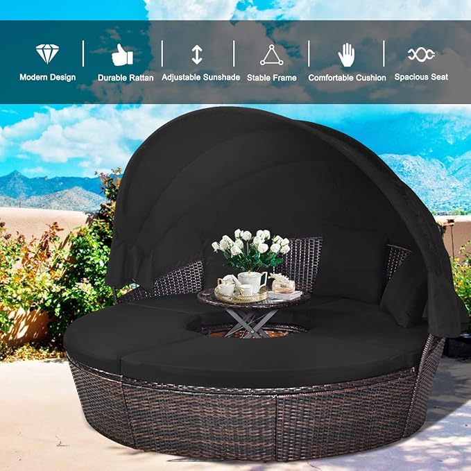 HAPPYGRILL Patio Daybed with Canopy Outdoor Furniture Set Sofa Set Rattan Wicker Round Daybed with Soft Cushions Coffee - Photo 4