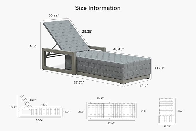 PURPLE LEAF Outdoor Chaise Lounge Set of 2, PU Leather Patio Lounge Chair Aluminum Pool Lounge Chairs with 5-Position Adjustable Backrest for Pool, Deck, Garden, Sunbathing, Grey