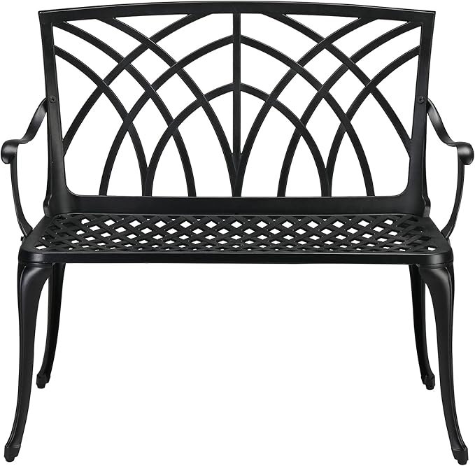 38in Outdoor Cast Aluminum Patio Bench, Antique Metal Outside Bench with Orchid Pattern Back,Patio Furniture Chair Outdoor Bench,Slatted Seat for Park, Yard & Porch, Antique Black