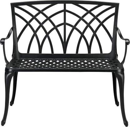 38in Outdoor Cast Aluminum Patio Bench, Antique Metal Outside Bench with Orchid Pattern Back,Patio Furniture Chair Outdoor Bench,Slatted Seat for Park, Yard & Porch, Antique Black