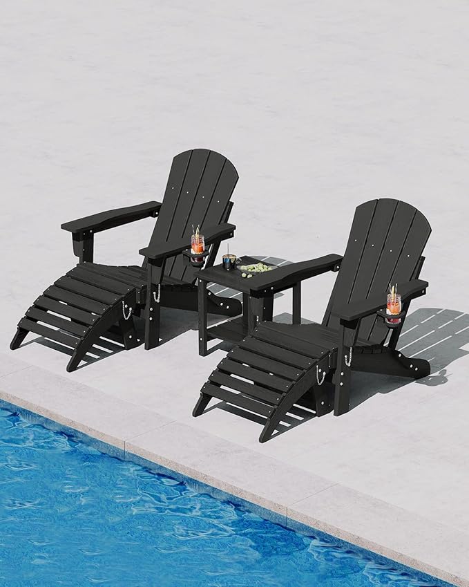 Folding Adirondack Chair Set of 4 with 2 Side Table, All-Weather HDPE Outdoor Chair, Wooden Textured with Cup Holder for patios, Decks, Gardens, fire pits, Black