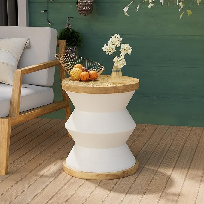 COSIEST White Outdoor Side Table, Round MgO Concrete End Patio Side Table - Photo 1