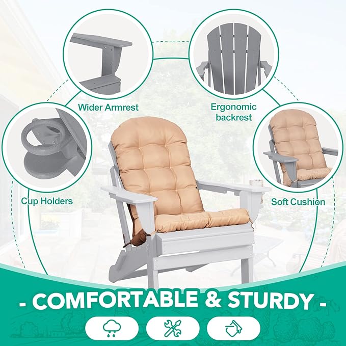 Adirondack Chairs Set of 2 with Cushions & Cup Holders, HDPE Weather Resistant Folding Adirondack Chair for Adults - Photo 4