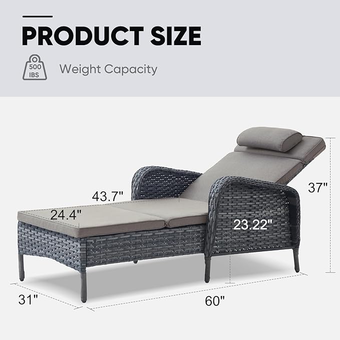 Belord Outdoor Chaise Lounge Patio Recliner - 75 Inch Adjustable Wicker Chaise Lounge with Soft Pillow Removable Cushions, All Weather Rattan Pool Lounge Chair for Poolside Deck Grey/Grey