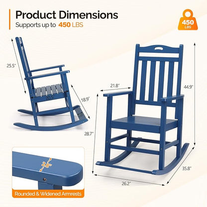 VINGLI Outdoor Rocking Chair with Footrest, Wooden Rocking Chair with 450 LBS Weight Capacity, Patio Rocker with Comfortable Backrest for Garden, Yard (Navy Blue, 1PC)