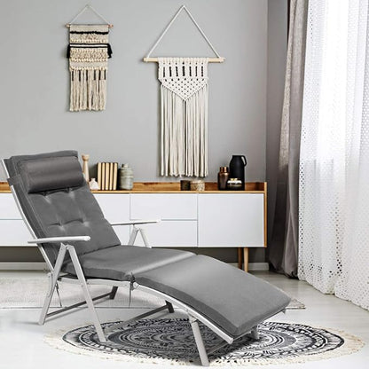 COSTWAY Outdoor Folding Chaise Lounge Chair, Lightweight 7-Gear Adjustable Recliner with Neck Pillow, No Assembly, Ideal for Deck, Patio (Grey)