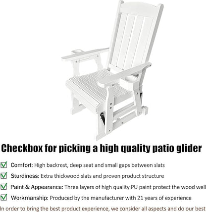 Fortune Candy Wooden Patio Glider for One Person, with High Back and Deep Contoured Seat, Solid Fir Wood, Heavy Duty 600 LBS, Snow White, 1-Seater