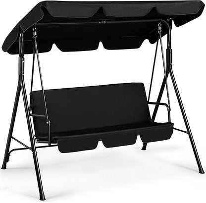 Yaheetech 3-Seat Patio Swing Chair, Outdoor Canopy Porch with Adjustable Canopy & Removable Cushion, Hanging Glider Lounge Chair for Patio, Garden, Yard, Porch - Black