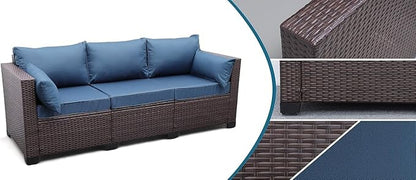 3-Piece Outdoor Rattan Couch Furniture Patio Wicker Sofa with Steel Frame with Furniture Cover and Deep Seat High Back, Blue Anti-Slip Cushion
