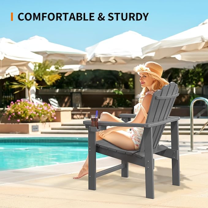 VINGLI Plastic Folding Adirondack Chair with Cup Holder, 100% Recyclable HDPE Material, Comfortable 380lb Weight Capacity for Outdoor Pool Patio Lounge Chair Lawn Furniture Fire Pit, 1 Pack,Gray