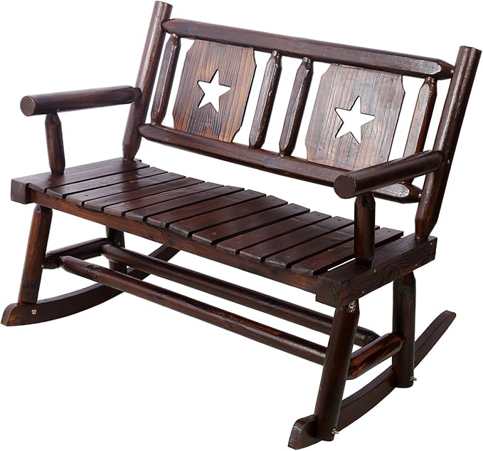 Outdoor Wood Rocking Bench Carbonized Double Rocking, Chair for 2 Persons with Wide Curved Seat, Porch Rocker for Porch, Garden, Backyard, Rustic
