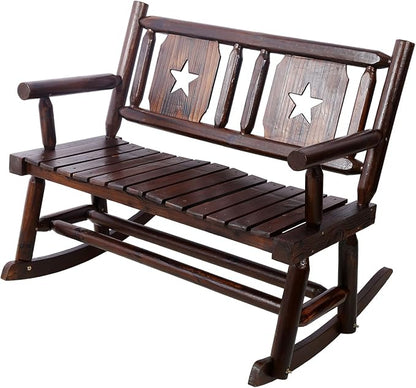 Outdoor Wood Rocking Bench Carbonized Double Rocking, Chair for 2 Persons with Wide Curved Seat, Porch Rocker for Porch, Garden, Backyard, Rustic