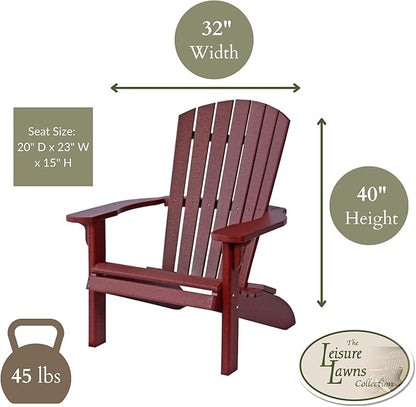 Leisure Lawns Poly Plastic Fanback Adirondack Chair, Outdoor Patio Chair - Amish Made in USA (Burgundy)