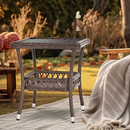 Outdoor Side Table Wicker Outdoor End Table for Patio Outside Brown Patio Coffee Square Tables with Storage & Glass Top for Backyard Porch