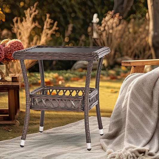 Outdoor Side Table Wicker Outdoor End Table for Patio Outside Brown Patio Coffee Square Tables with Storage & Glass Top for Backyard Porch