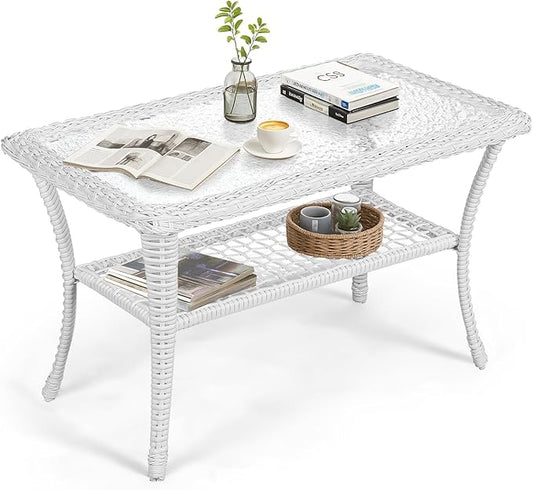 VIVIJASON Outdoor Wicker Coffee Table, All-Weather Rattan Patio Coffee Table with 2-Tier Storage, Tempered Glass Top Rectangle Center Table for Deck, Garden, Balcony, Porch, Indoor or Outdoor Use