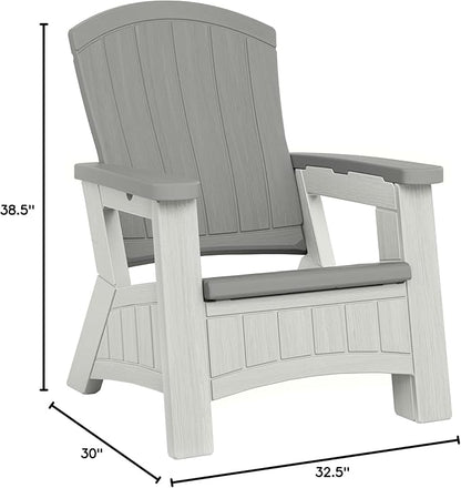 Suncast Outdoor Patio Adirondack Chair with 8 Gallons of Under-Seat Storage, Stylish Faux Wood Outdoor Storage Chair, Dove Gray/Ice Cube, Made in The USA