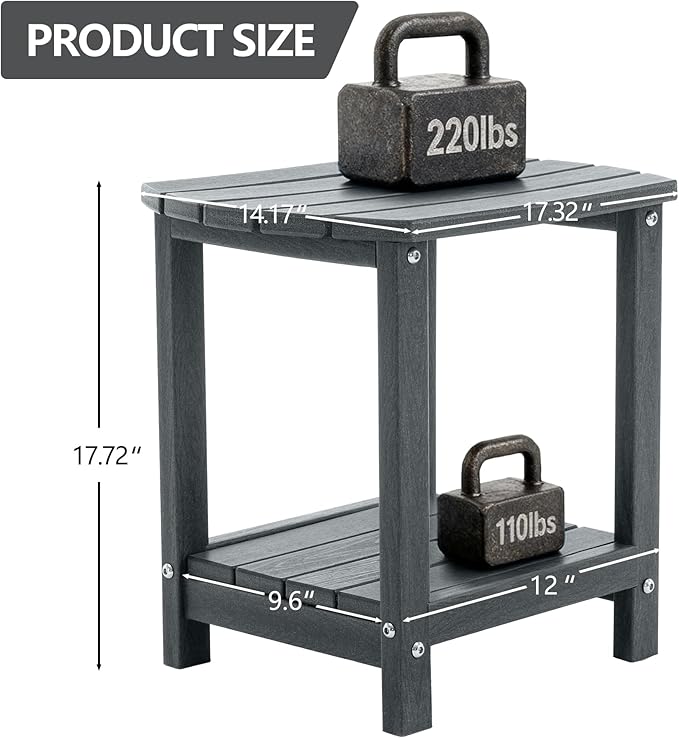 Adirondack Small Outdoor Side Table - Weatherproof HDPE Patio End Table with 2-Tier Storage for Firepit, Balcony, Garden, Poolside or Bathroom (Grey, Set of 2)