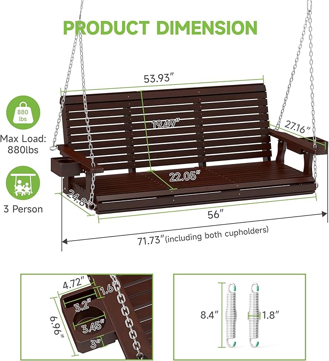 Real Relax Front Porch Swing, Wooden 3 Person Outdoor Hanging Patio Swing Chair with Cup Holders - Photo 2