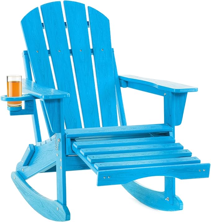 Folding Adirondack Rocking Chair,4-in-1 Multifunctional Patio Chair with Retractable Ottoman, Outdoor Chair Wood Texture, Lawn Chair for Porch, Backyard, Pool(Pacific Blue)