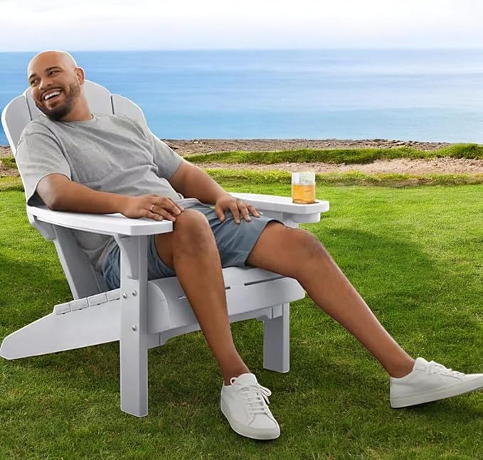 Modern Adirondack Chair with Cup Holder, Outdoor Patio Furniture (White)