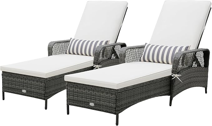HAPPYGRILL 2PCS Patio Rattan Chaise Lounge, Outdoor PE Wicker Sun Lounger with Adjustable Backrest, Removable Cushion & Pillow, Reclining Chaise Lounge Sunbed for Balcony Poolside Yard