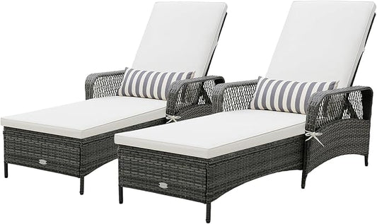 HAPPYGRILL 2PCS Patio Rattan Chaise Lounge, Outdoor PE Wicker Sun Lounger with Adjustable Backrest, Removable Cushion & Pillow, Reclining Chaise Lounge Sunbed for Balcony Poolside Yard